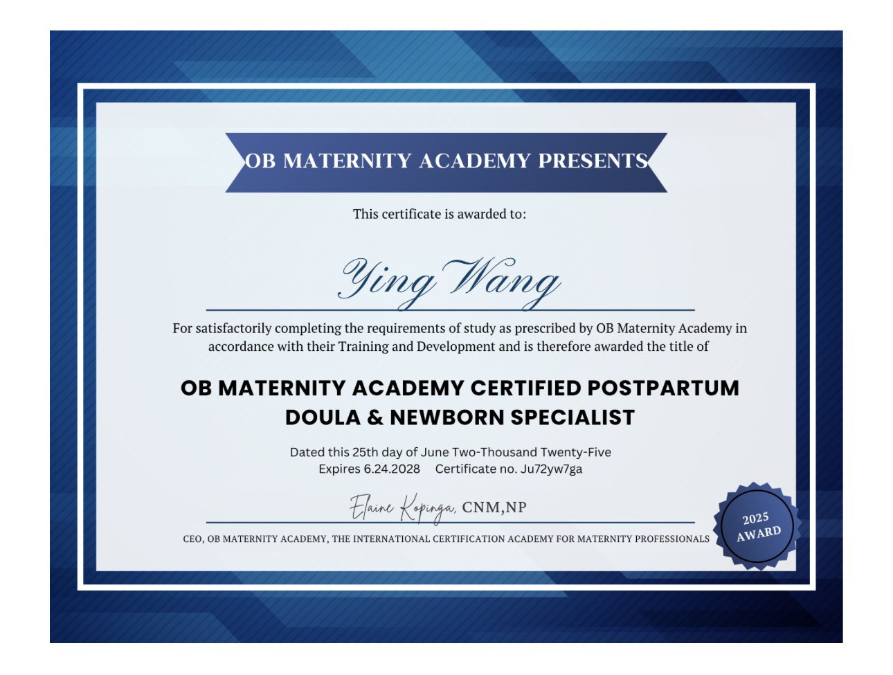 OB Maternity Academy Certified Postpartum Doula & Newborn Specialist
